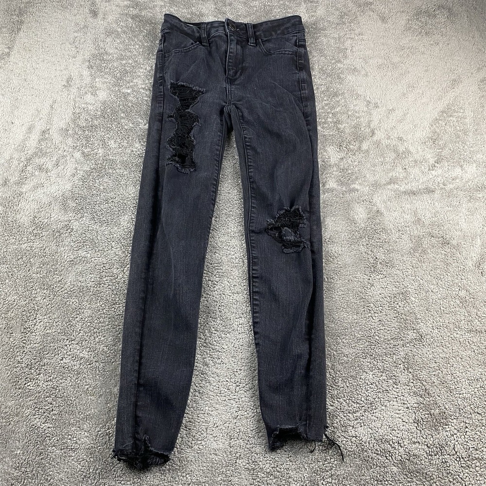 American Eagle Stretch Jeans Womens Size 00 Short Black Hi Rise Jegging Cut Offs